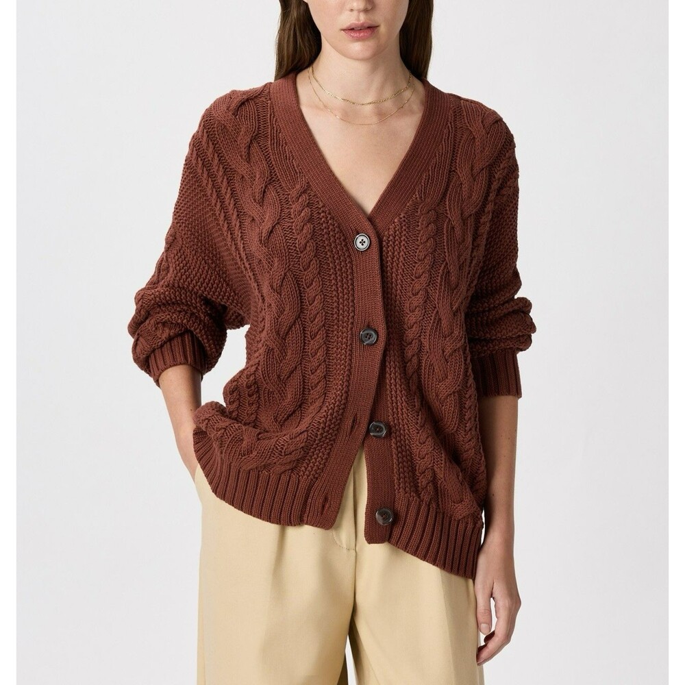 Quince 100% Organic Cotton Cable Knit Cardigan Sweater Small Brown Oversized